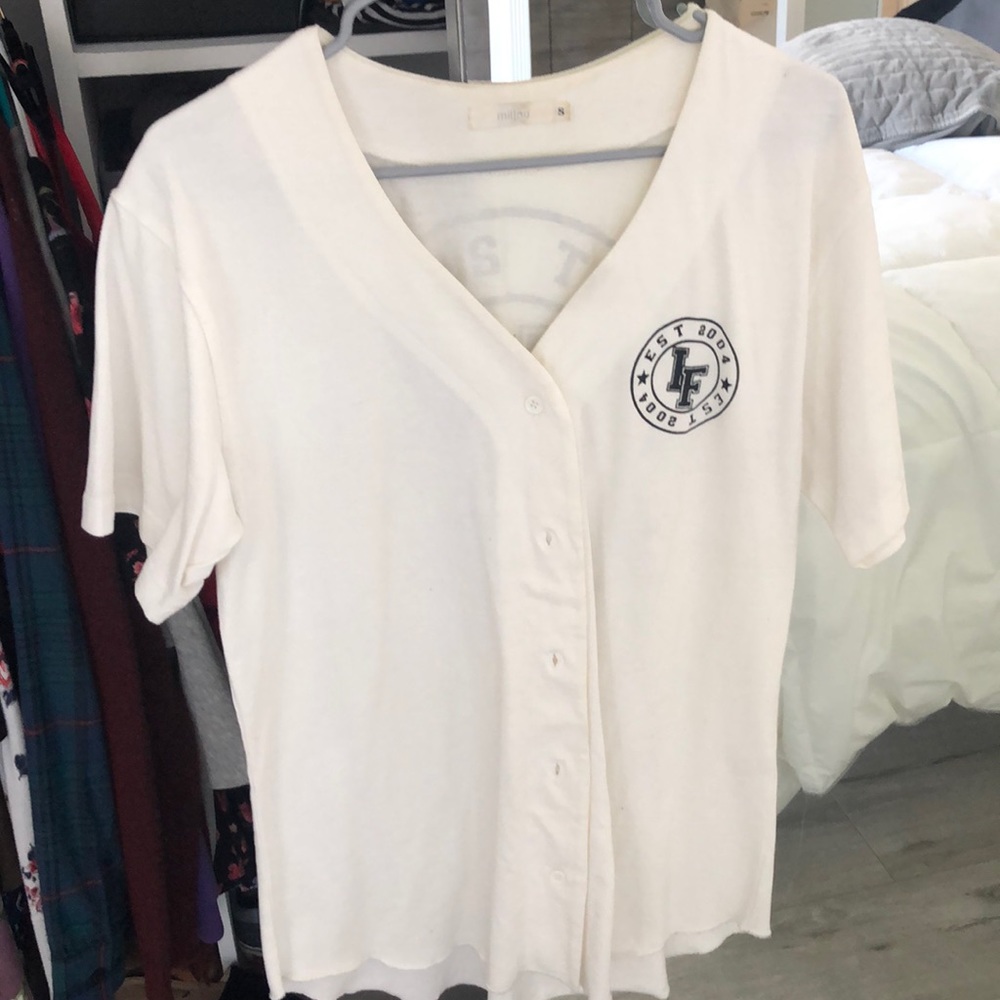 LF baseball button T-shirt